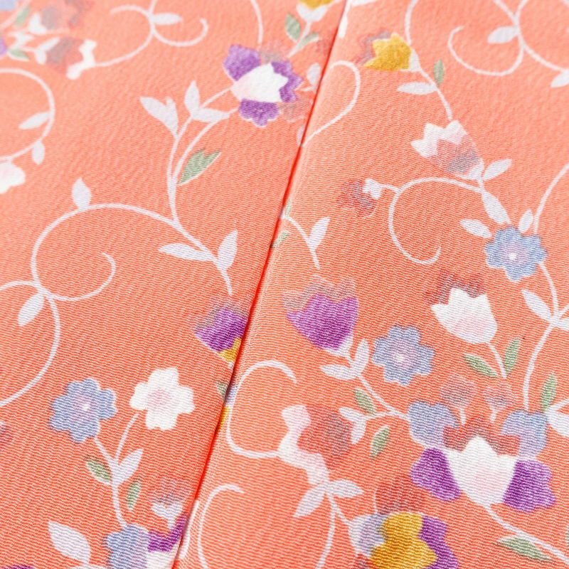 単衣 小紋 良品 縮緬 ポリエステル 花柄 単衣仕立て 身丈154.5cm 裄丈65.5cm ピンク_画像8
