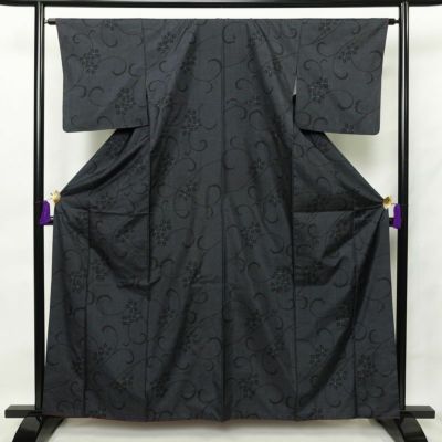 紬 正絹 木の葉・植物柄 袷仕立て 身丈161.5cm 裄丈64cm 青・紺