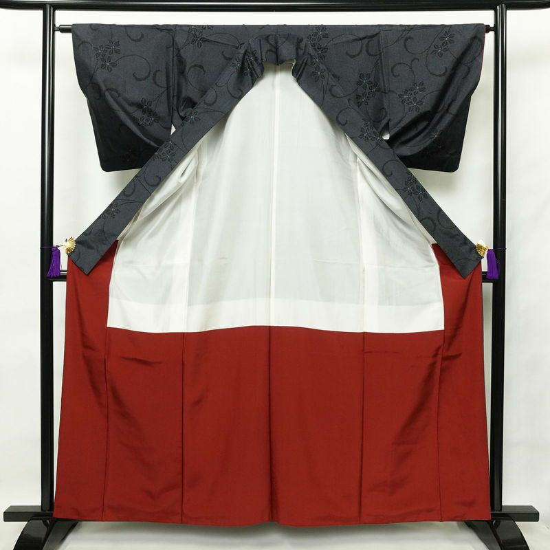 紬 正絹 木の葉・植物柄 袷仕立て 身丈161.5cm 裄丈64cm 青・紺_画像3