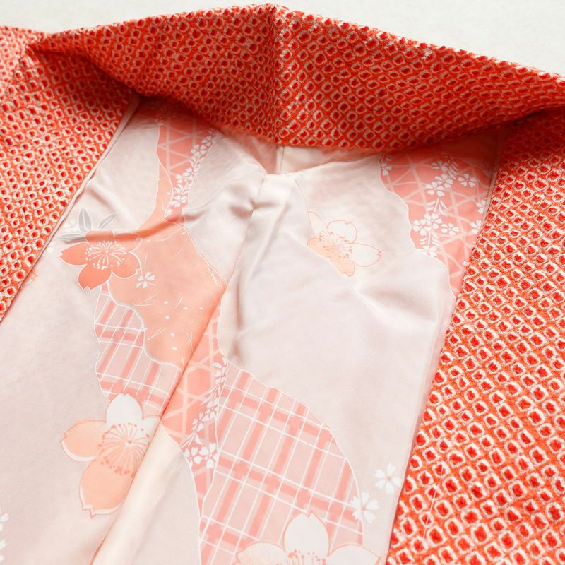 羽織 美品 しつけ糸付き 絞り 正絹 古典柄 袷仕立て 身丈88cm 裄丈69.5cm 赤・朱_画像9