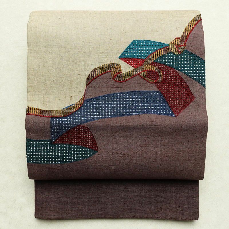袋帯 紬地 太鼓柄 良品 一般用 正絹 古典柄 刺繍 小豆・エンジ_画像1
