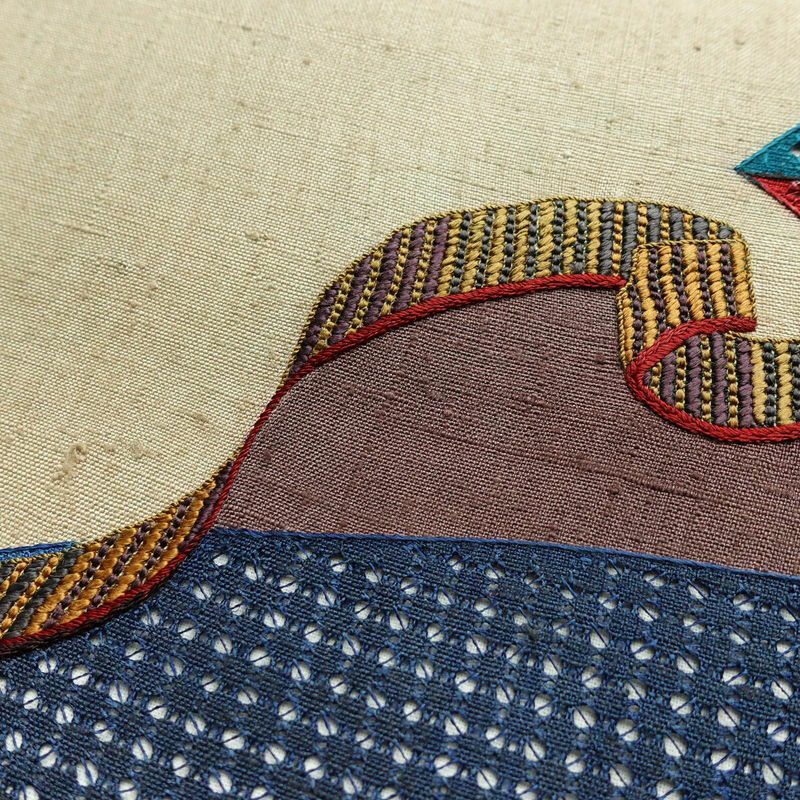 袋帯 紬地 太鼓柄 良品 一般用 正絹 古典柄 刺繍 小豆・エンジ_画像6