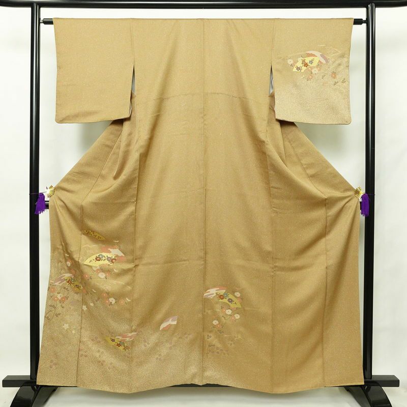 付け下げ 正絹 木の葉・植物柄 袷仕立て 身丈160cm 裄丈63.5cm 箔 金彩 黄・黄土色_画像1