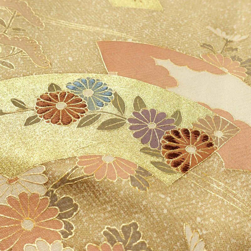 付け下げ 正絹 木の葉・植物柄 袷仕立て 身丈160cm 裄丈63.5cm 箔 金彩 黄・黄土色_画像6