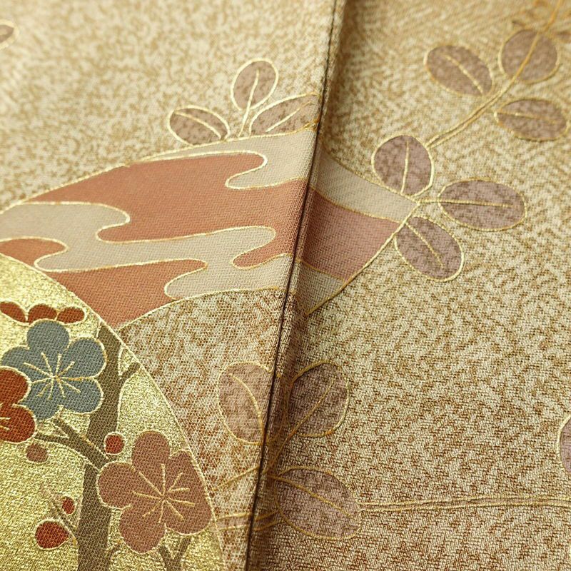 付け下げ 正絹 木の葉・植物柄 袷仕立て 身丈160cm 裄丈63.5cm 箔 金彩 黄・黄土色_画像8