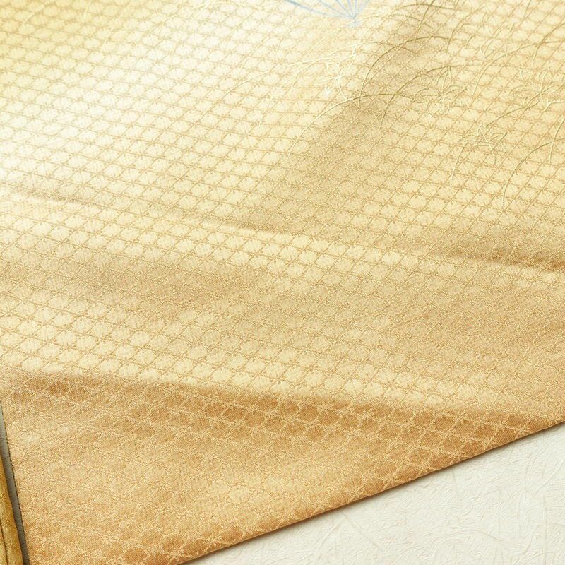 訪問着 正絹 古典柄 袷仕立て 身丈163.5cm 裄丈65cm 金彩 扇子 黄・黄土色_画像15