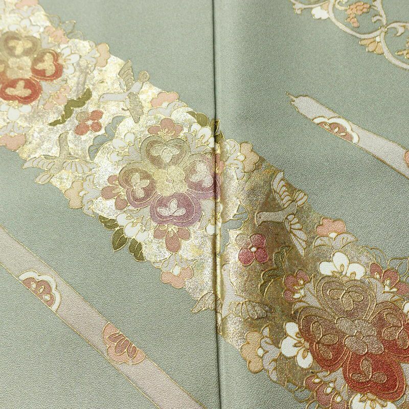 訪問着 正絹 盛り上げ箔 幾何学柄・抽象柄 袷仕立て 身丈165cm 裄丈67cm 緑・うぐいす色_画像6