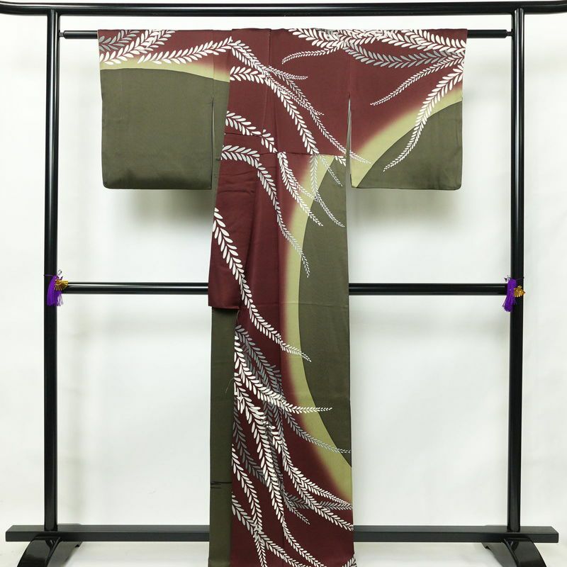 訪問着 正絹 木の葉・植物柄 袷仕立て 身丈164.5cm 裄丈68.5cm 緑・うぐいす色_画像2