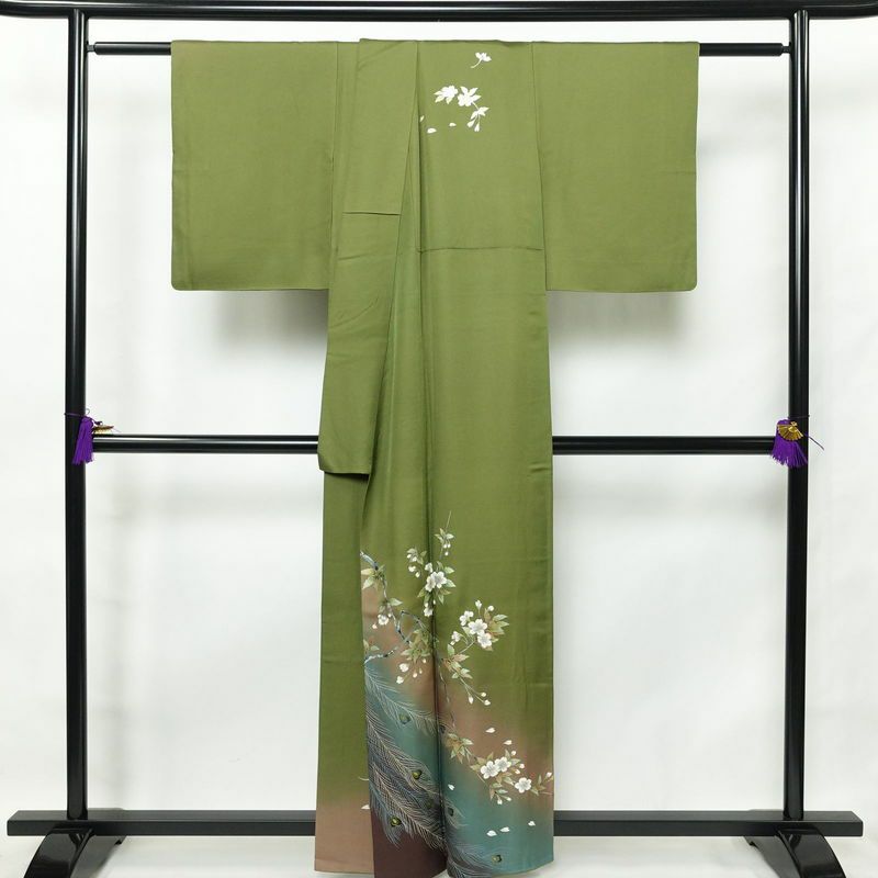 付け下げ 正絹 木の葉・植物柄 袷仕立て 身丈159cm 裄丈65cm 緑・うぐいす色_画像2