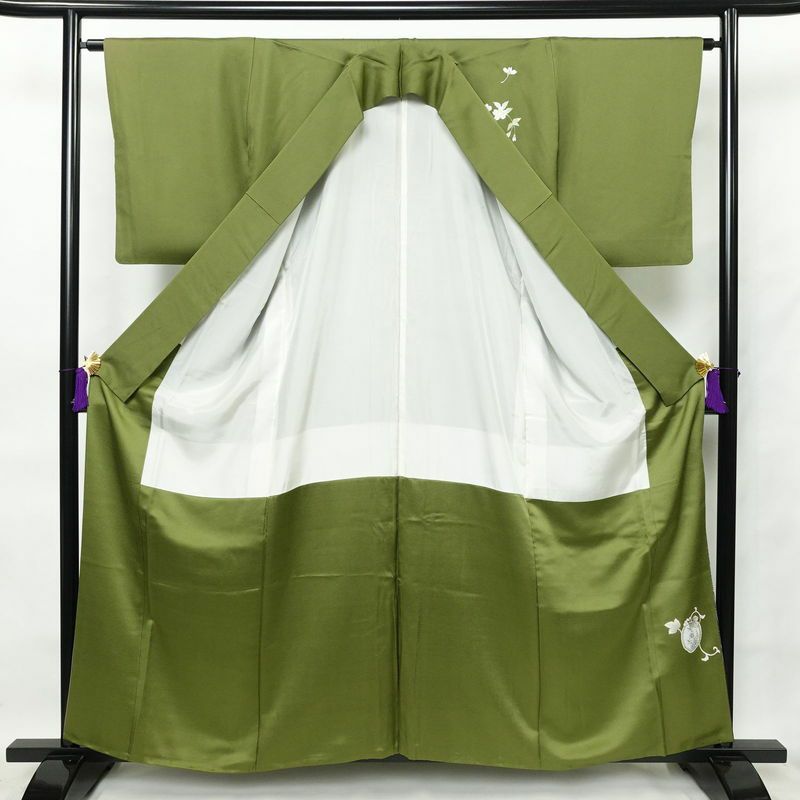 付け下げ 正絹 木の葉・植物柄 袷仕立て 身丈159cm 裄丈65cm 緑・うぐいす色_画像3