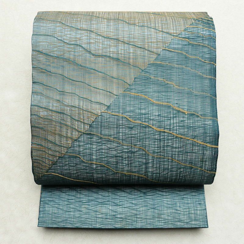 袋帯 すくい織 太鼓柄 夏用 一般用 正絹 幾何学柄・抽象柄 緑・うぐいす色_画像1