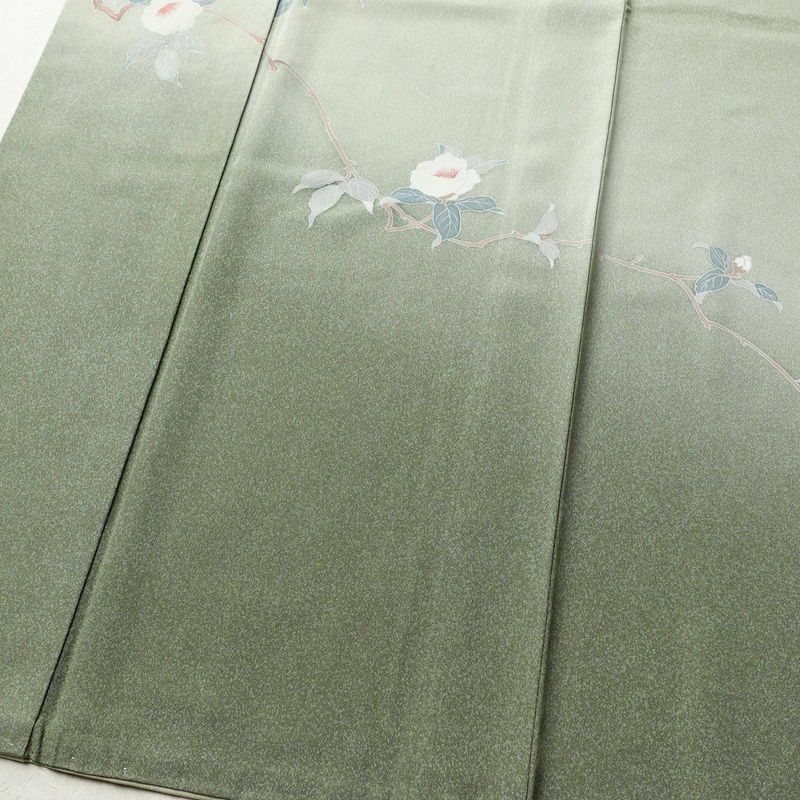 訪問着 良品 縮緬 正絹 木の葉・植物柄 袷仕立て 身丈159.5cm 裄丈65.5cm 緑・うぐいす色_画像4