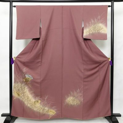 付け下げ 良品 正絹 木の葉・植物柄 袷仕立て 身丈162cm 裄丈64.5cm 箔 小豆・エンジ