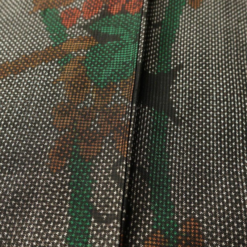 紬 しつけ糸付き 正絹 木の葉・植物柄 袷仕立て 身丈152.5cm 裄丈63.5cm 茶_画像10