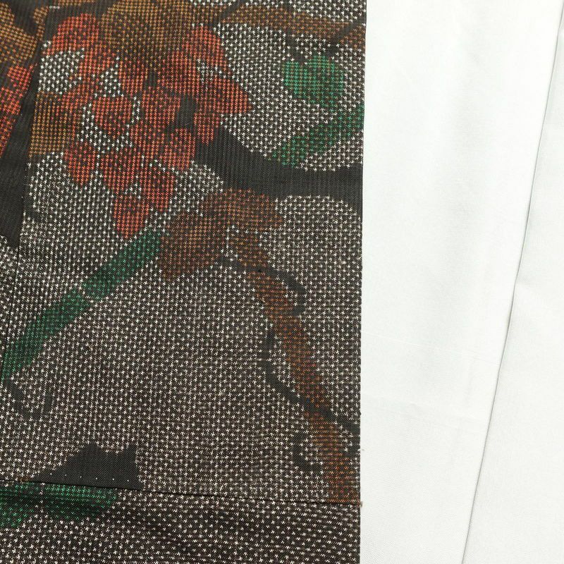 紬 しつけ糸付き 正絹 木の葉・植物柄 袷仕立て 身丈152.5cm 裄丈63.5cm 茶_画像16