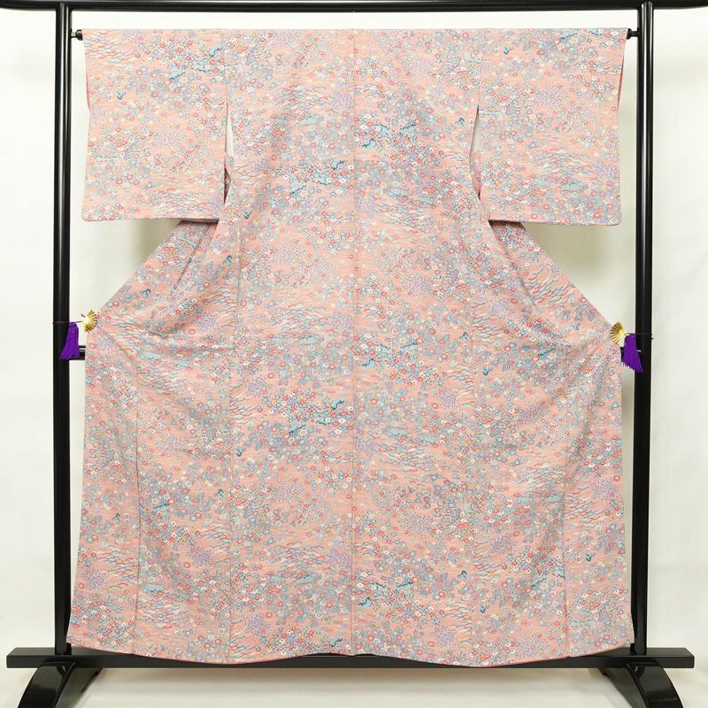 小紋 良品 縮緬 総柄 正絹 古典柄 袷仕立て 身丈157.5cm 裄丈66cm ピンク_画像1