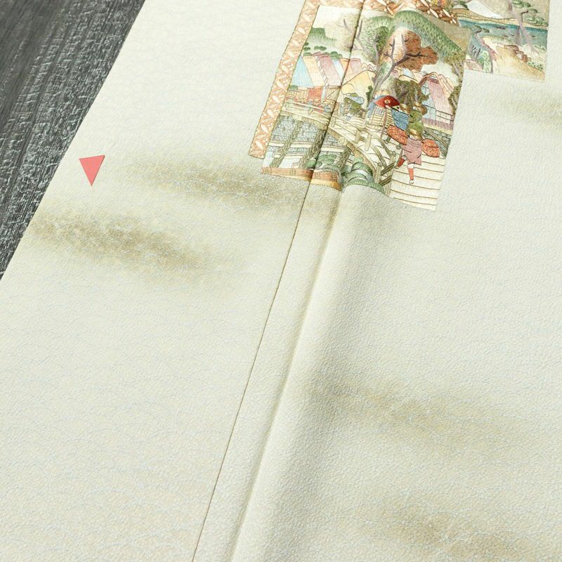 付け下げ 正絹 風景柄 袷仕立て 身丈164cm 裄丈65cm 刺繍 クリーム_画像5