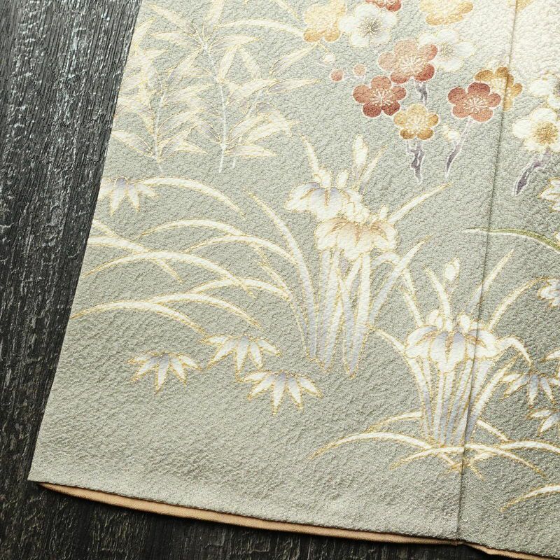 付け下げ 縮緬 正絹 木の葉・植物柄 袷仕立て 身丈159cm 裄丈64.5cm 金彩 ベージュ_画像9