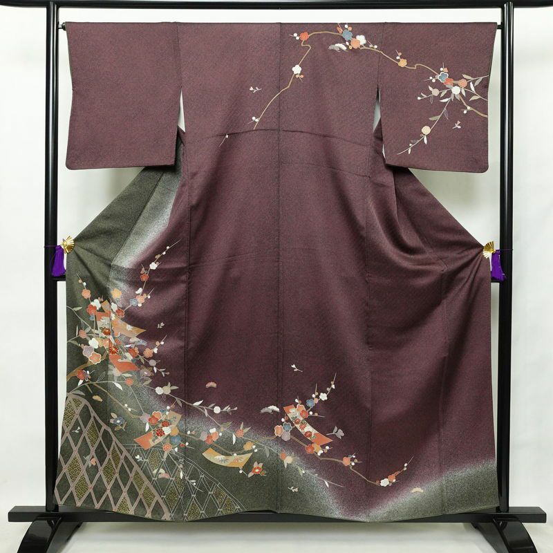 訪問着 良品 金駒刺繍 正絹 古典柄 袷仕立て 身丈157cm 裄丈67.5cm 箔 梅 菊 金彩 紫・藤色_画像1