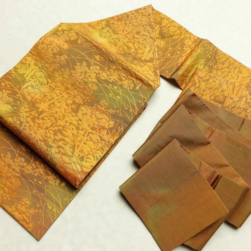 名古屋帯 ふくれ織 六通柄 良品 正絹 木の葉・植物柄 名古屋仕立て 黄・黄土色_画像17