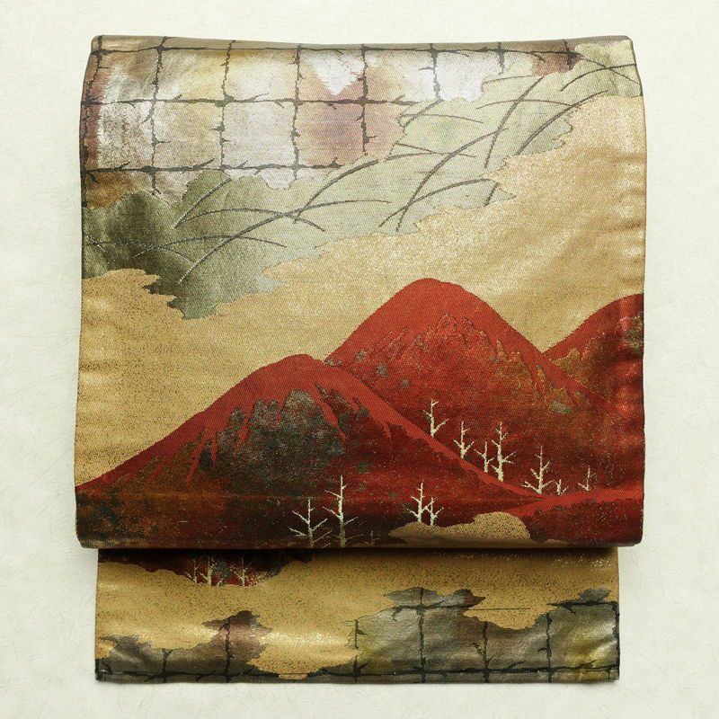 名古屋帯 六通柄 正絹 風景柄 名古屋仕立て 箔 金・銀_画像1