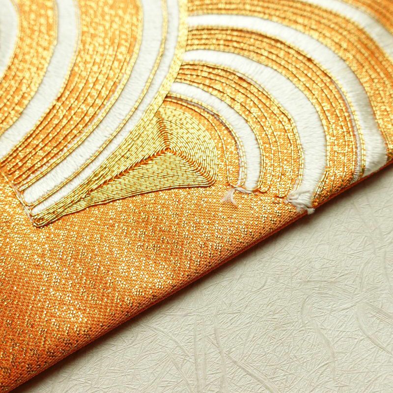 名古屋帯 太鼓柄 良品 金駒刺繍 正絹 古典柄 名古屋仕立て 青海波 刺繍 橙_画像11