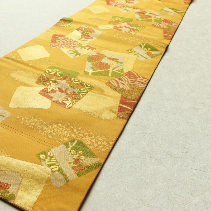 名古屋帯 六通柄 正絹 古典柄 名古屋仕立て 箔 黄・黄土色_画像7