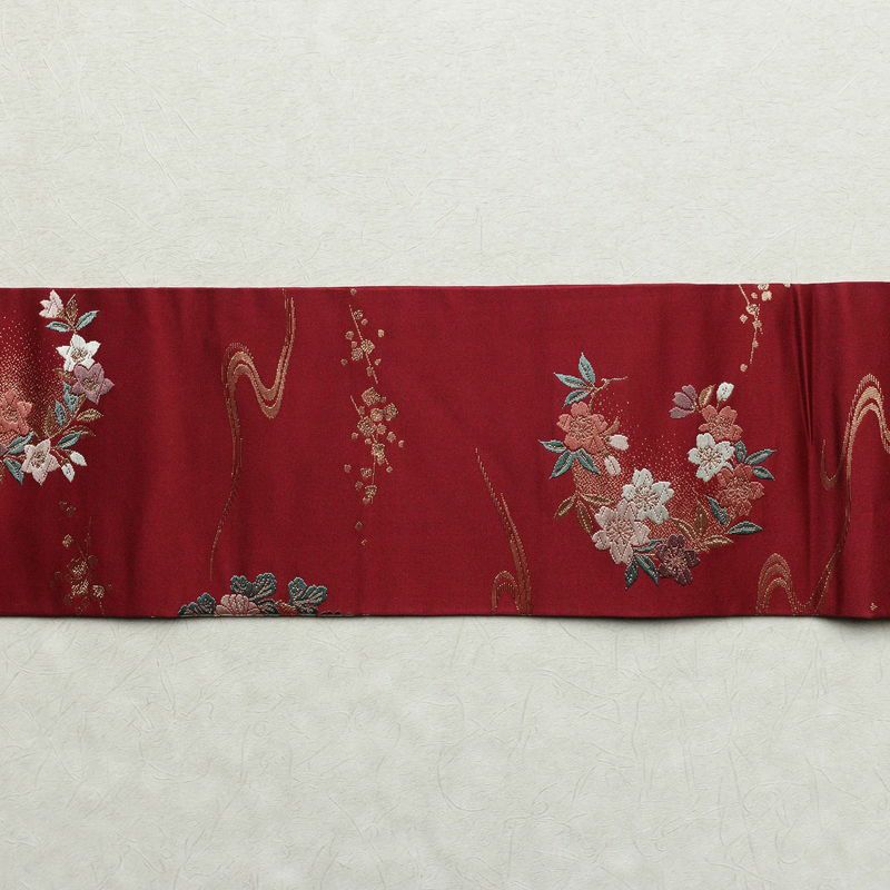 名古屋帯 六通柄 正絹 花柄 名古屋仕立て 刺繍 小豆・エンジ_画像14