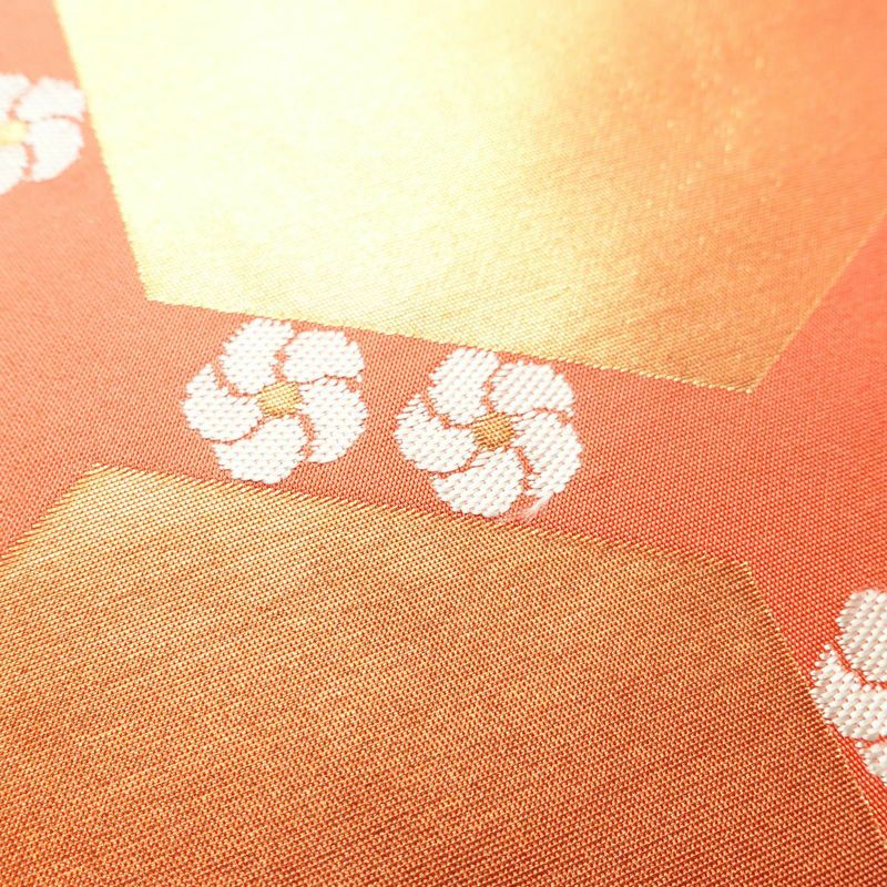 名古屋帯 全通柄 落款入り 正絹 亀甲柄 花柄 名古屋仕立て 橙_画像3