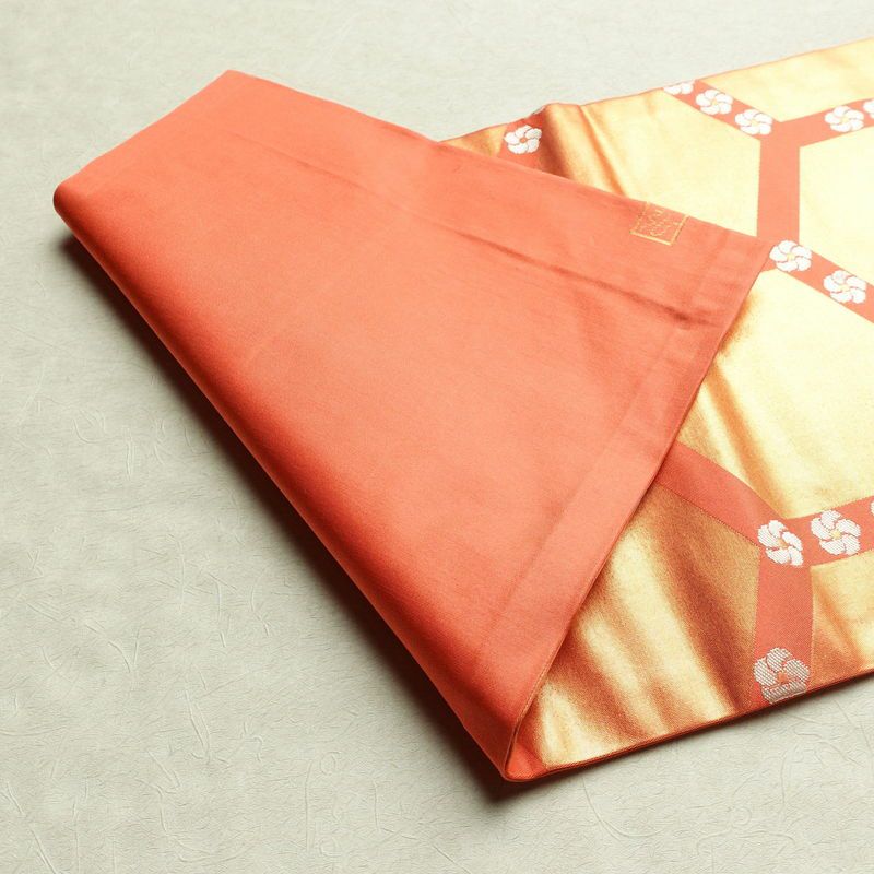 名古屋帯 全通柄 落款入り 正絹 亀甲柄 花柄 名古屋仕立て 橙_画像8