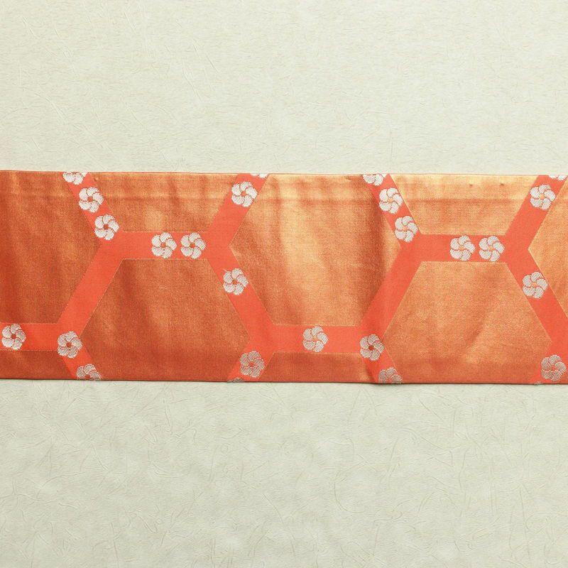 名古屋帯 全通柄 落款入り 正絹 亀甲柄 花柄 名古屋仕立て 橙_画像12