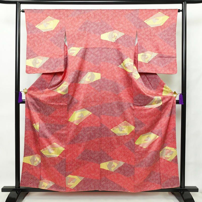 小紋 正絹 木の葉・植物柄 袷仕立て 身丈158cm 裄丈64.5cm 金彩 紅葉 赤・朱_画像1