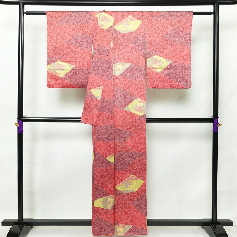 小紋 正絹 木の葉・植物柄 袷仕立て 身丈158cm 裄丈64.5cm 金彩 紅葉 赤・朱_画像2