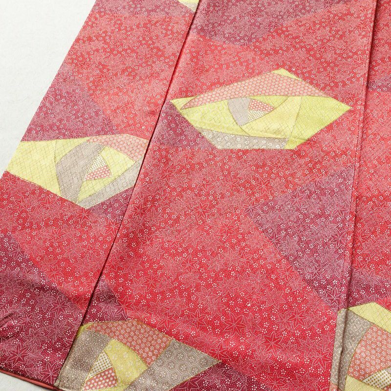 小紋 正絹 木の葉・植物柄 袷仕立て 身丈158cm 裄丈64.5cm 金彩 紅葉 赤・朱_画像4