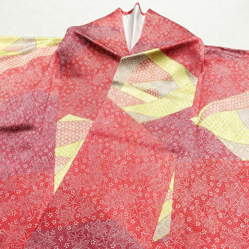 小紋 正絹 木の葉・植物柄 袷仕立て 身丈158cm 裄丈64.5cm 金彩 紅葉 赤・朱_画像15