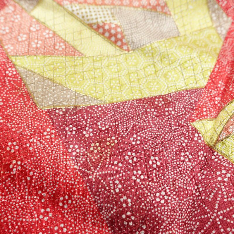 小紋 正絹 木の葉・植物柄 袷仕立て 身丈158cm 裄丈64.5cm 金彩 紅葉 赤・朱_画像16