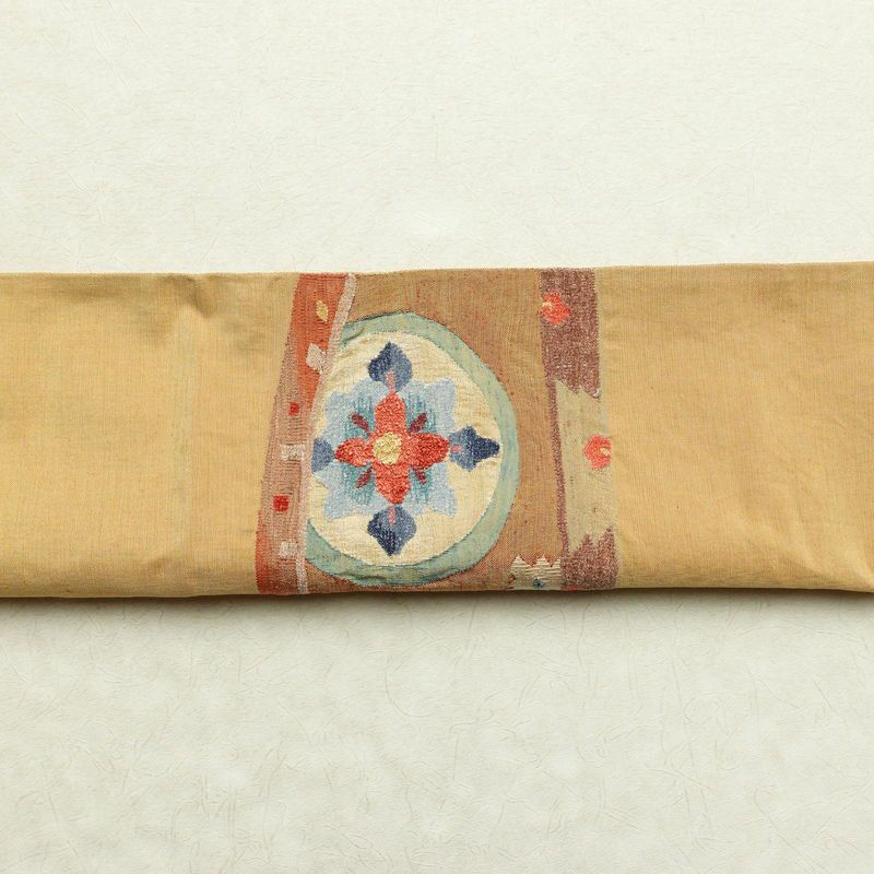袋帯 太鼓柄 美品 一般用 正絹 幾何学柄・抽象柄 刺繍 黄・黄土色_画像14