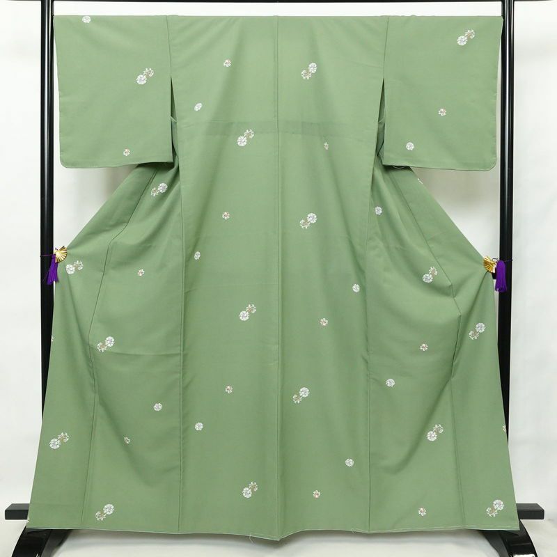 単衣 良品 小紋 飛び柄 ポリエステル 古典柄 単衣仕立て 身丈162cm 裄丈69.5cm 緑・うぐいす色_画像1