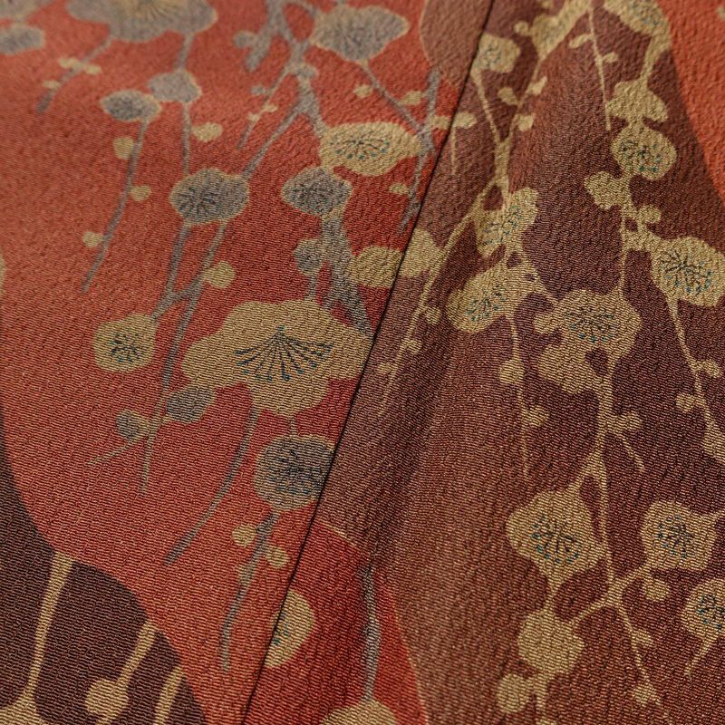 小紋 縮緬 しつけ糸付き ポリエステル 花柄 袷仕立て 身丈162cm 裄丈67cm 茶_画像8