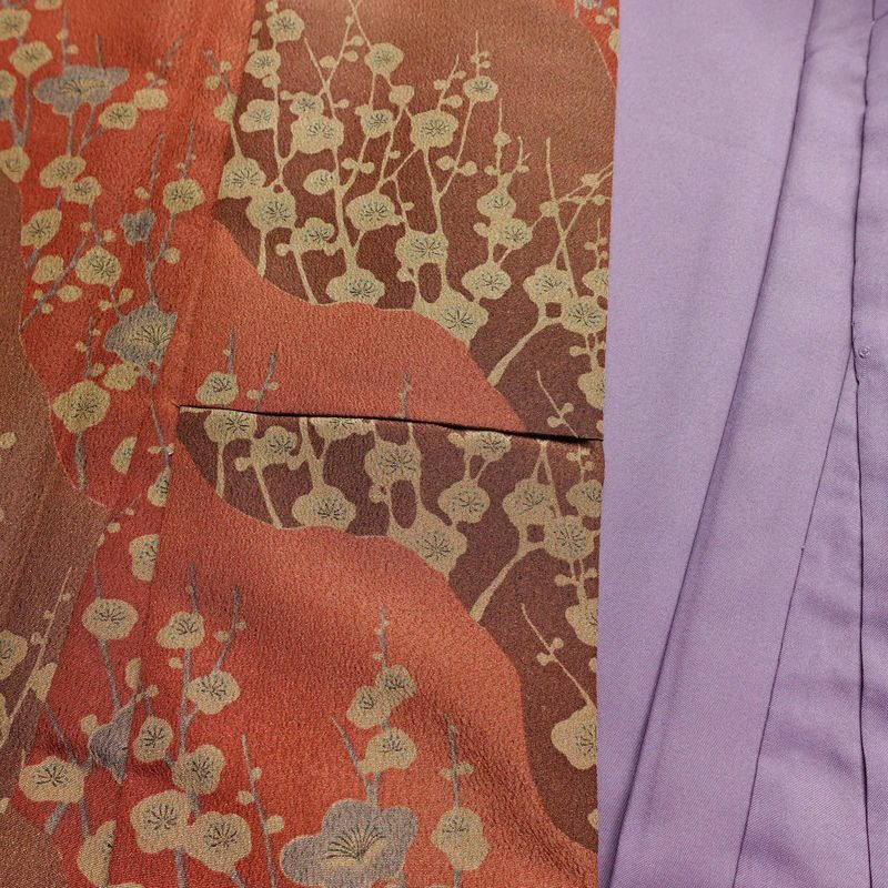 小紋 縮緬 しつけ糸付き ポリエステル 花柄 袷仕立て 身丈162cm 裄丈67cm 茶_画像14