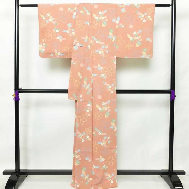 小紋 良品 正絹 花柄 袷仕立て 身丈164cm 裄丈67cm 一部しつけ糸付き 金彩 ピンク_画像2
