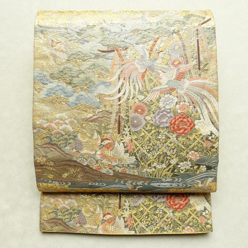 袋帯 六通柄 松寿翔鳥花 フォーマル用 正絹 人物・動物柄 箔 多色使い_画像1