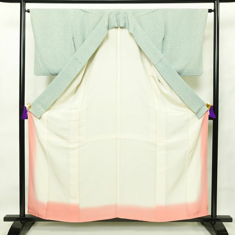 小紋 縮緬 総柄 正絹 木の葉・植物柄 袷仕立て 身丈158cm 裄丈64.5cm 緑・うぐいす色_画像3