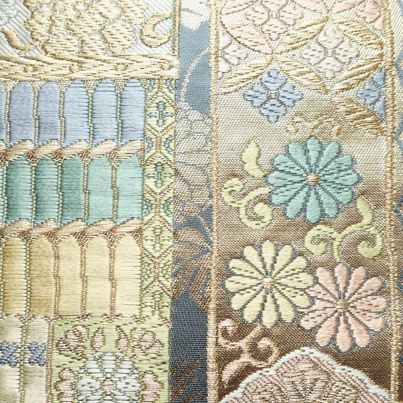 袋帯 六通柄 良品 フォーマル用 正絹 古典柄 箔 金糸 帯 青・紺 くすみブルー_画像4