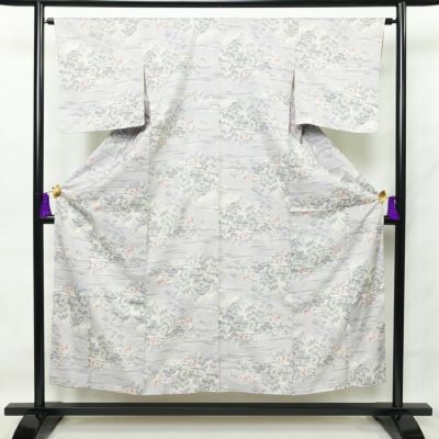 紬 良品 しつけ糸付き 正絹 風景柄 袷仕立て 身丈151.5cm 裄丈64cm 着物 紫・藤色