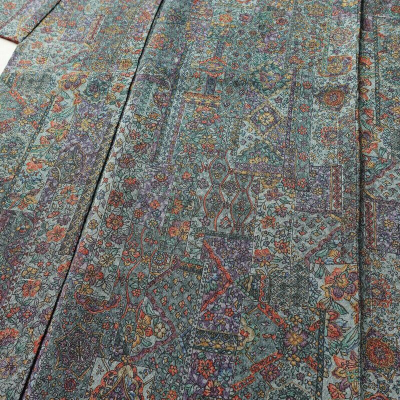 小紋 良品 縮緬 総柄 正絹 幾何学柄・抽象柄 袷仕立て 身丈159cm 裄丈65cm 着物 緑・うぐいす色_画像5