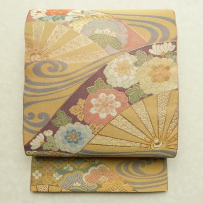 袋帯 全通柄 美品 フォーマル用 振袖用 正絹 古典柄 金通し フォーマル 扇面 流水 菊 七宝 帯 黄・黄土色