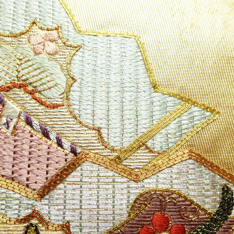袋帯 太鼓柄 金駒刺繍 フォーマル用 正絹 古典柄 刺繍 帯 扇子 金・銀_画像4
