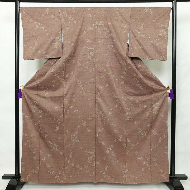 小紋 紬地 正絹 木の葉・植物柄 袷仕立て 身丈164cm 裄丈67cm 着物 小豆・エンジ_画像1