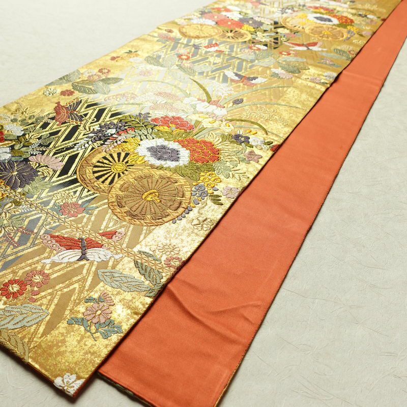 袋帯 花車 三彩錦 六通柄 良品 フォーマル用 正絹 古典柄 箔 金糸 帯 金・銀_画像6